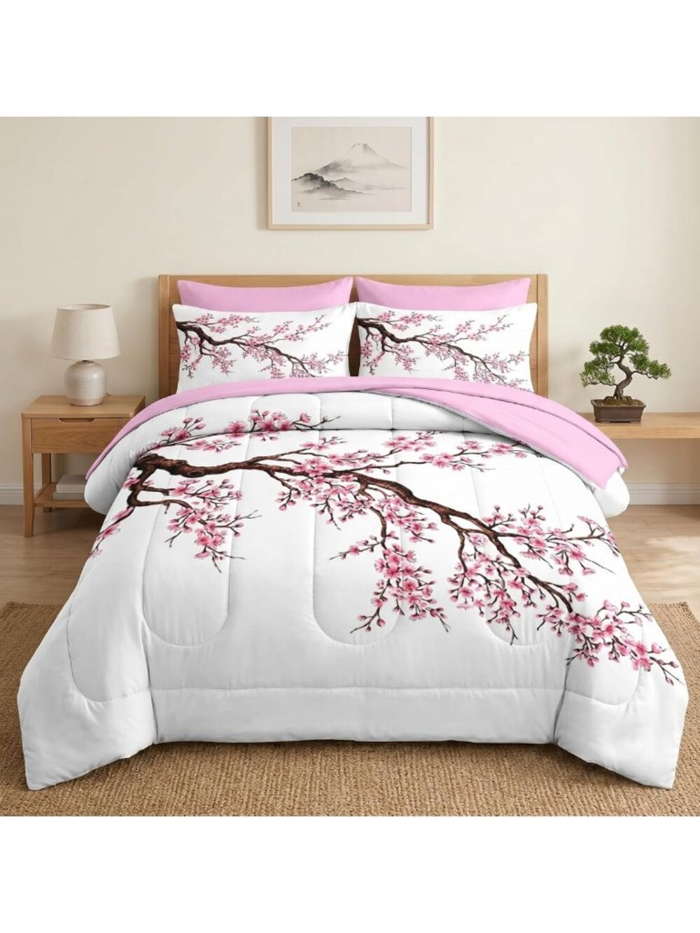 5-Piece Twin Comforter Set with Sheets - Japanese Cherry Blossom Bedding